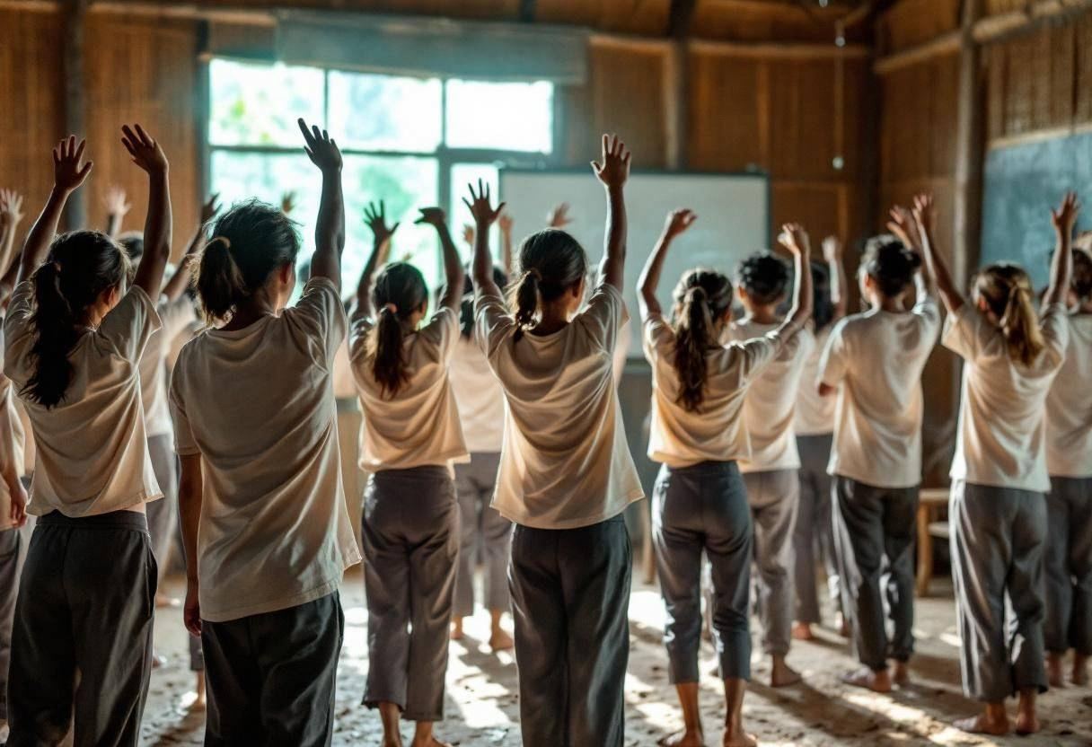 Twelve preteens ages 10 to 13 in simple cotton t-shirts and long pants moving in coordinated dance gestures with arms ra