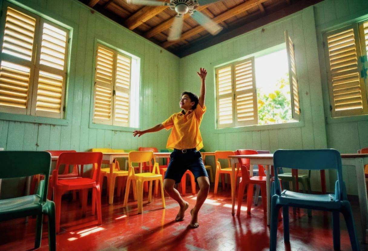 One preteen Filipino student around age 11 in a bright cotton school uniform shirt and navy shorts