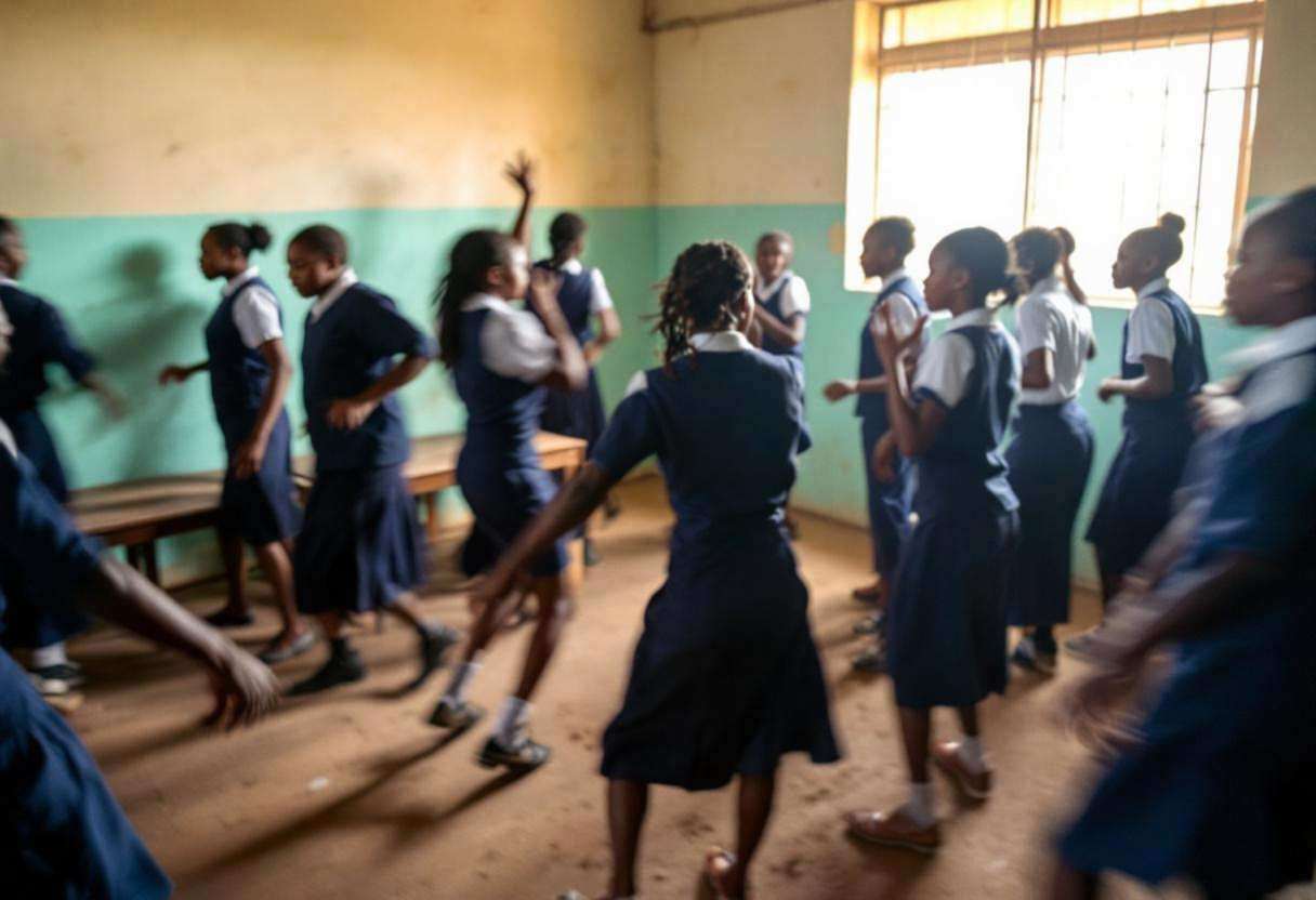 Ten to thirteen-year-old preteens in navy blue school uniforms and white shirts moving expressively in synchronized danc