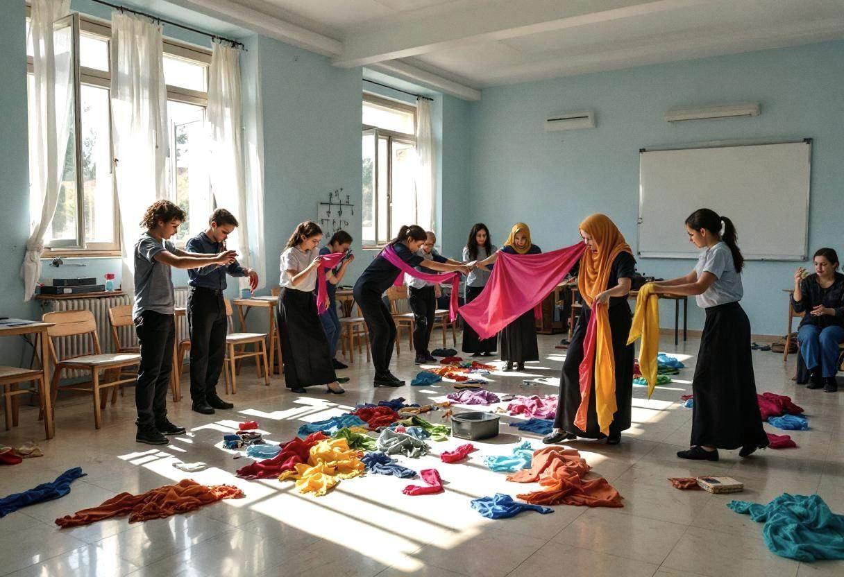 Dance movement materials scattered across cream marble-tile floor in Greek island classroom with pale blue painted walls