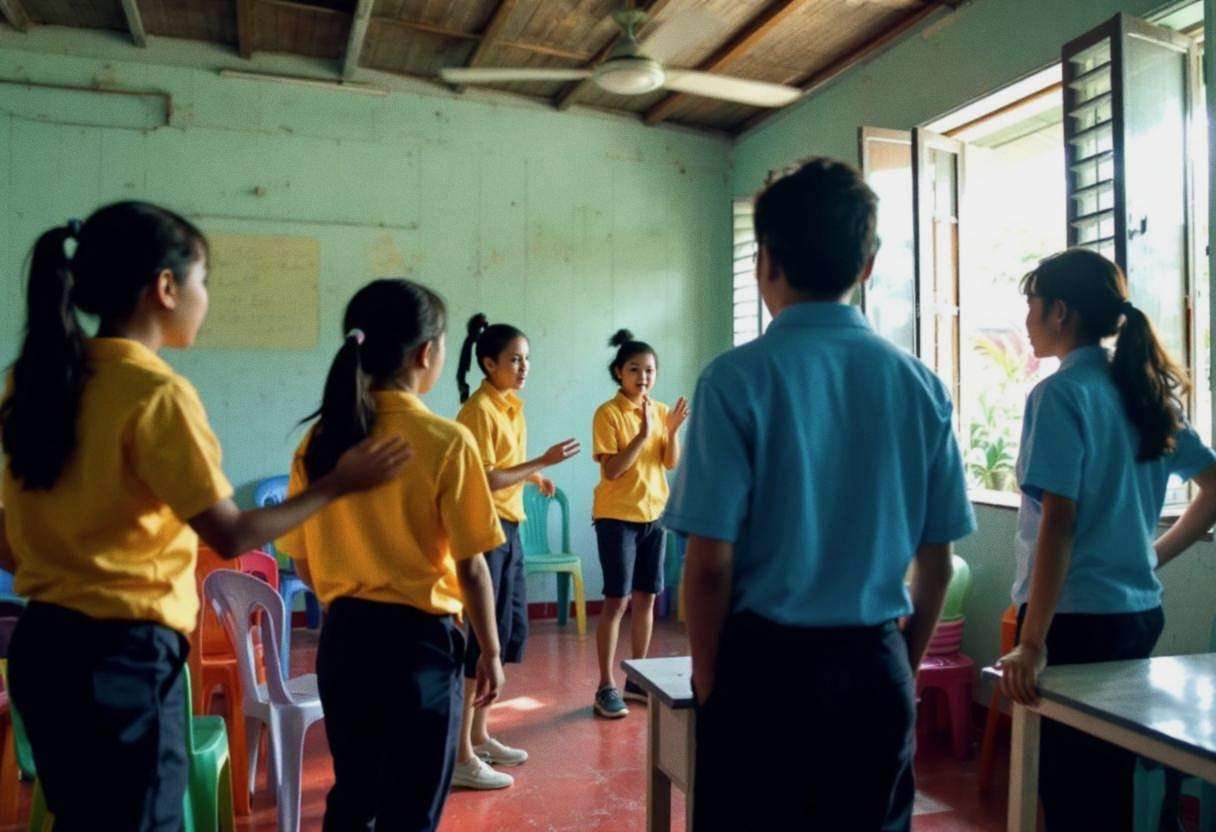 Middle-school-age preteens in bright cotton polo shirts and navy uniform pants acting out dramatic scenes about energy a