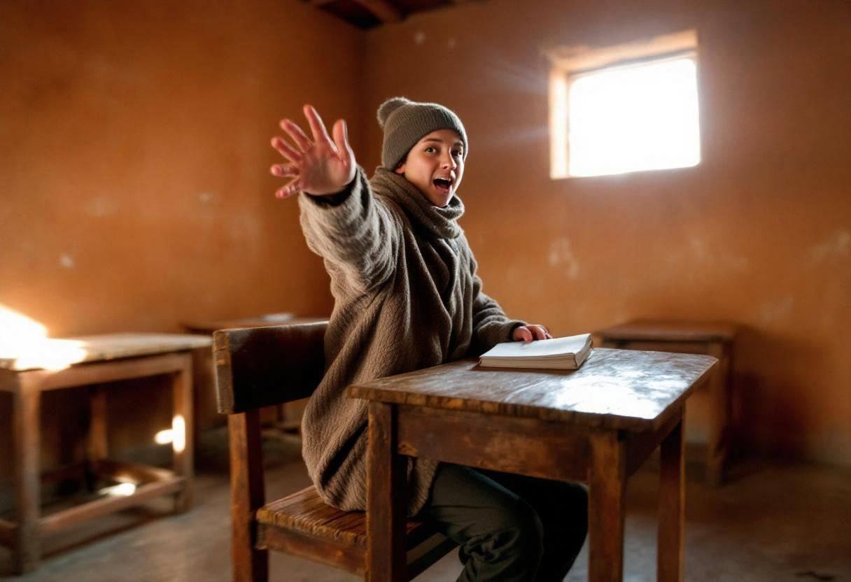 One preteen student in a thick wool sweater and knit cap performing a dramatic gesture during a lesson about energy acce