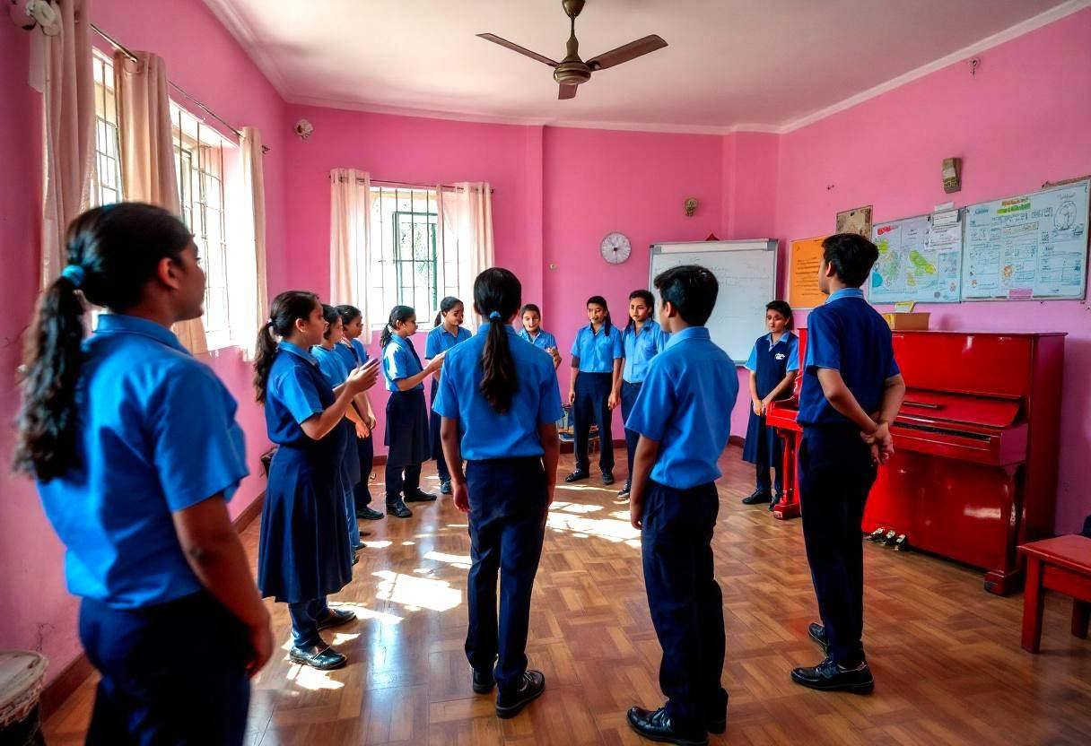 Ten to thirteen-year-old students in blue uniform shirts and navy trousers performing a drama scene about energy access