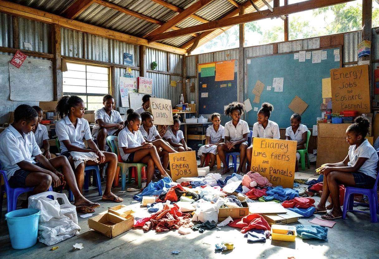 Drama props and costumes scattered on concrete slab floor in Pacific island open-air classroom with corrugated metal roo