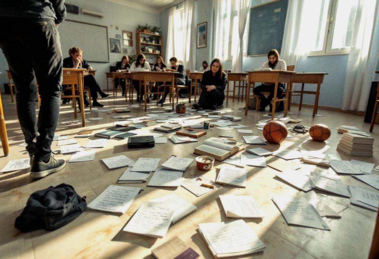 Drama scripts and handwritten character notes scattered across a cream marble-tile floor in a Greek island classroom wit