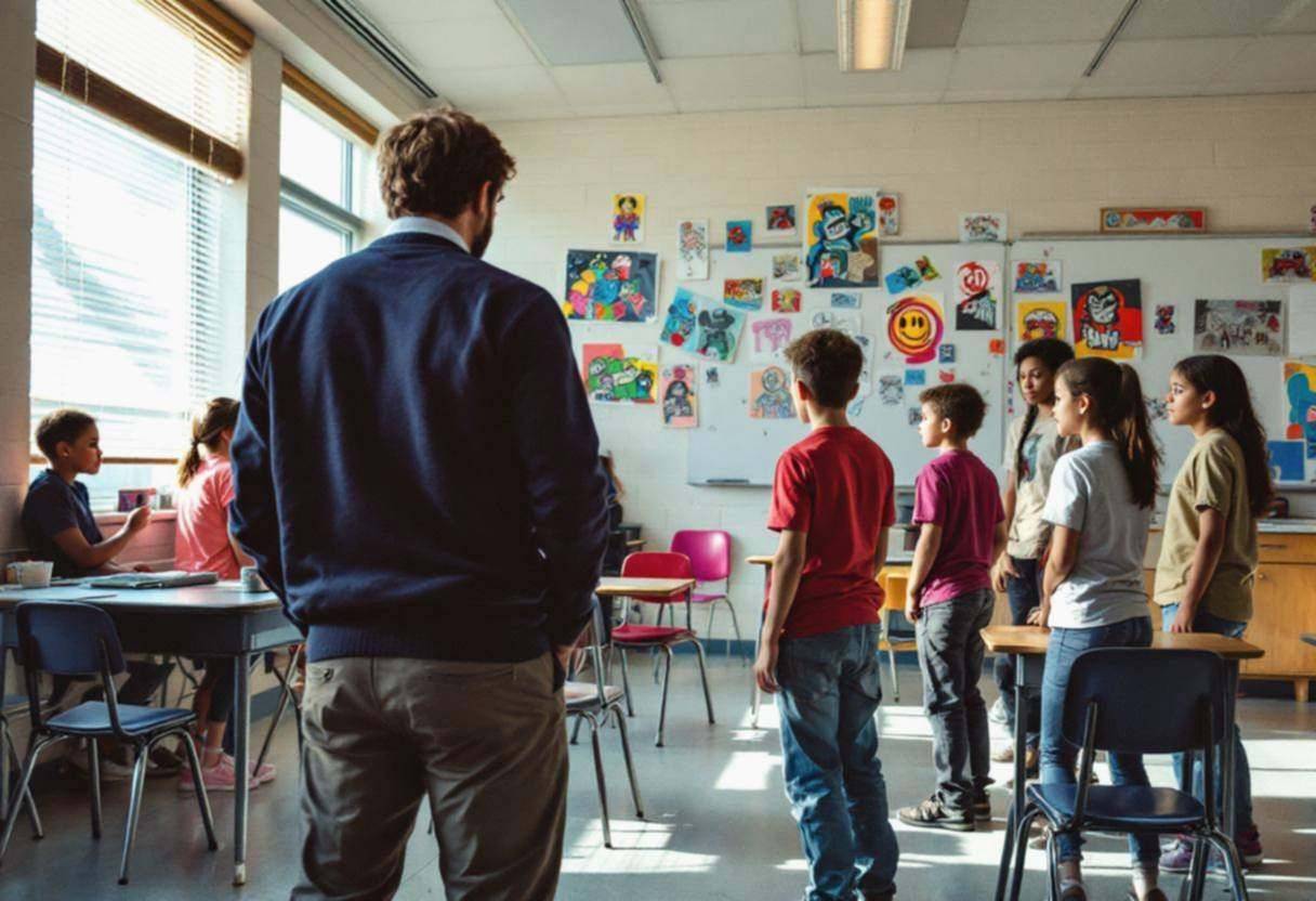 A teacher in a navy cardigan and khakis seen from behind guiding preteen students ages 10-13 in colorful t-shirts and je