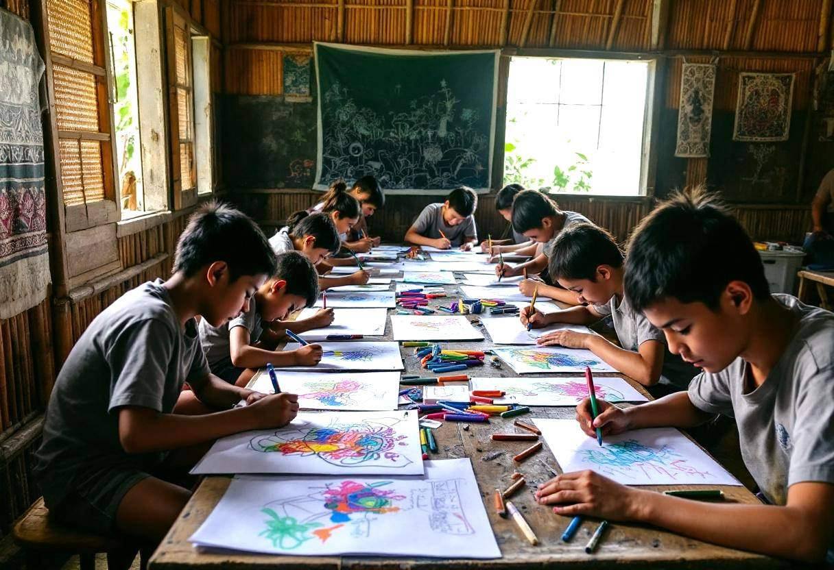 Twelve small-framed preteens ages 10 to 13 in simple cotton t-shirts and shorts hunched over large paper sheets