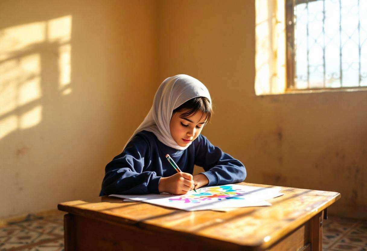 One preteen girl around age 11 in a navy blue school tunic and white headscarf sketching colorful street art designs on 