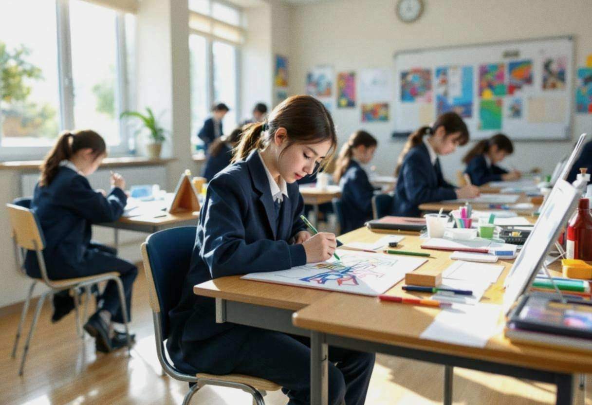 Middle-school preteens ages 10 to 13 in navy-and-white school uniforms working on colorful street art sketches at metal-
