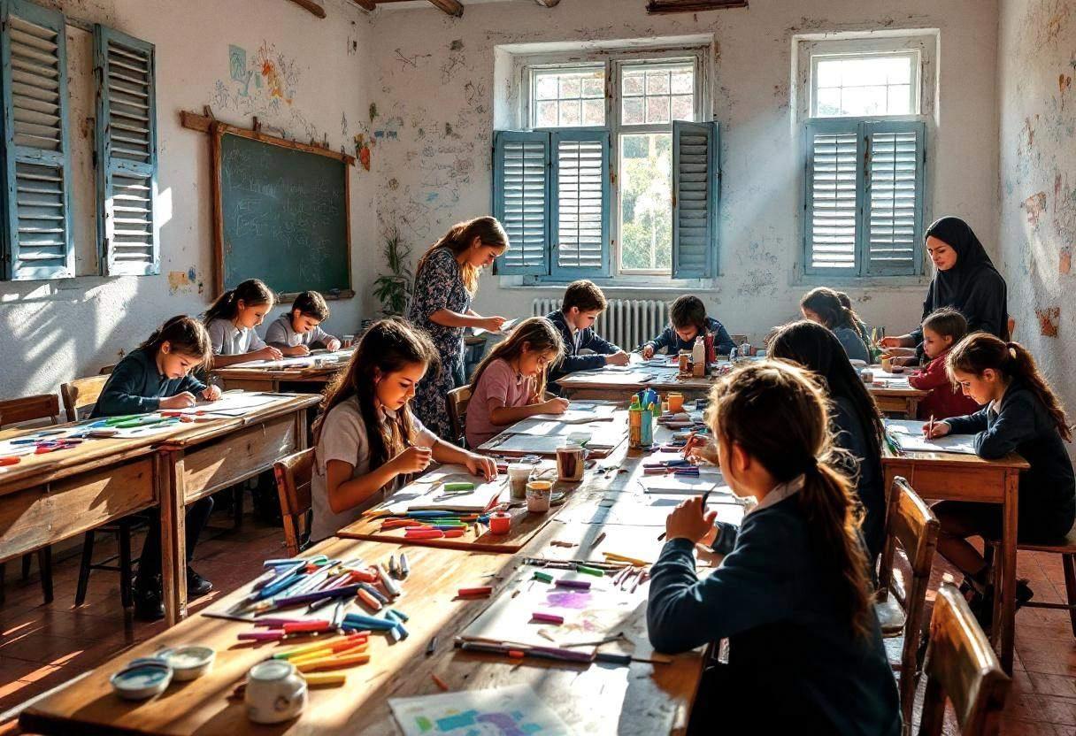 Art supplies scattered across weathered wooden desks in a Portuguese village classroom with whitewashed plaster walls