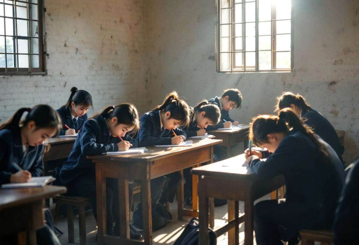 Small round-faced preteens ages 10 to 13 in navy blue school uniforms and dark trousers