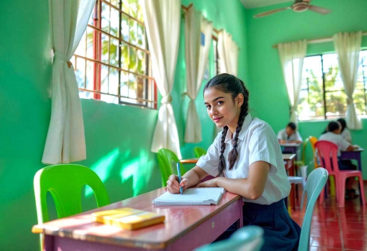 One preteen girl around age 12 in a white cotton school blouse and navy blue skirt sits at an angle writing in a noteboo