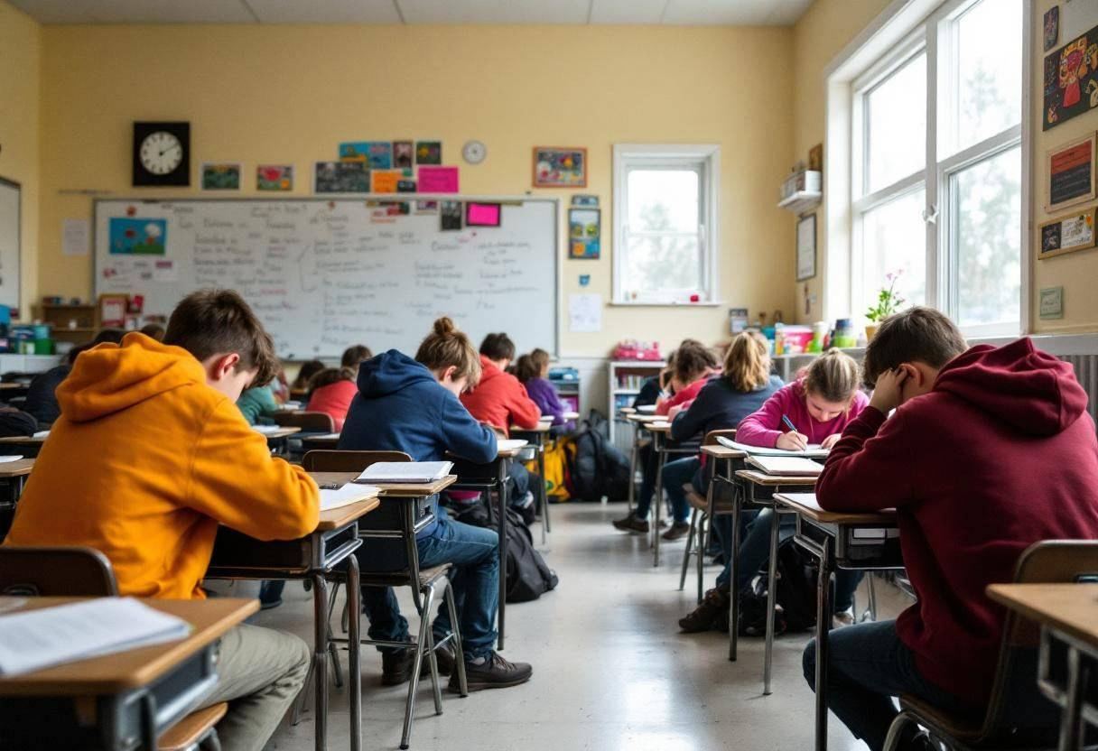 Twelve and thirteen-year-olds in colorful hoodies and jeans hunched over notebooks