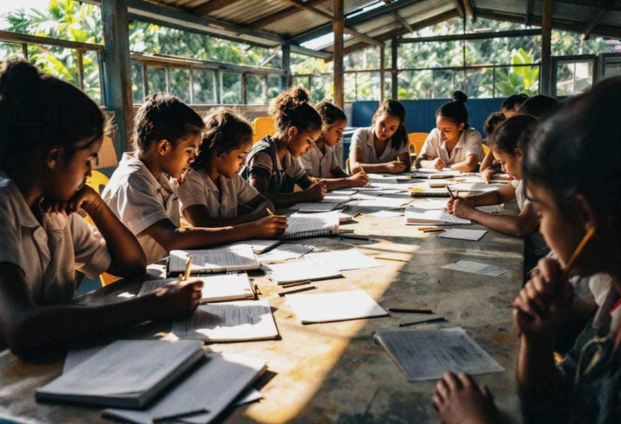 Flash fiction notebooks and pencils scattered across a concrete table surface in an open-air Pacific island classroom wi