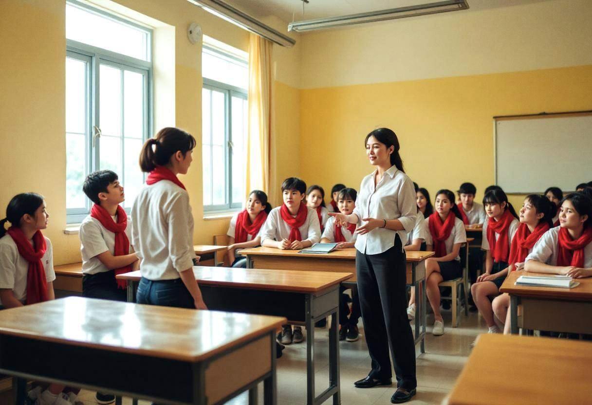 A Vietnamese teacher in white blouse and dark trousers leading ten-to-thirteen-year-old preteens in white button-down sh