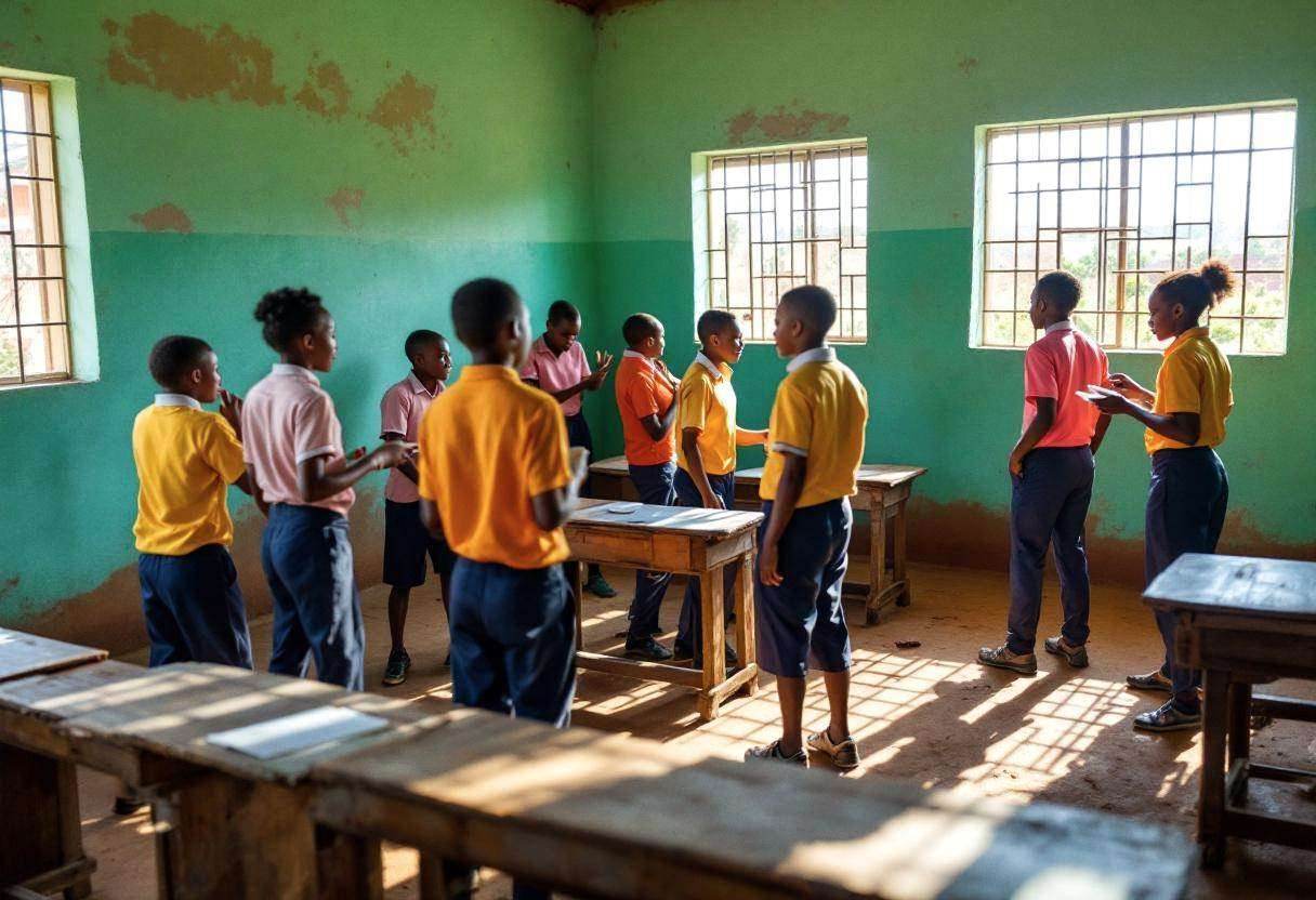 Ten to thirteen-year-old preteens in colorful cotton shirts and navy school trousers acting out workplace scenes in smal