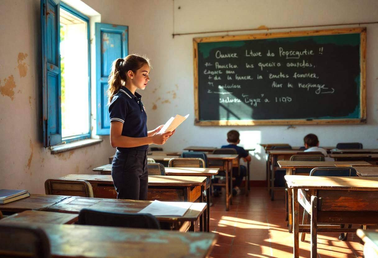 One preteen girl around age 11 in a navy school polo shirt and dark trousers practicing dramatic gestures while reading 