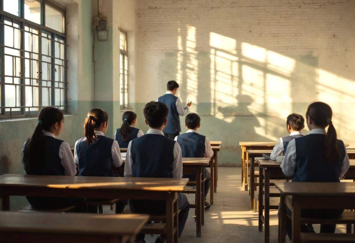 Preteens ages 10 to 13 in navy blue school uniforms and white collared shirts performing dramatic scenes about workers' 