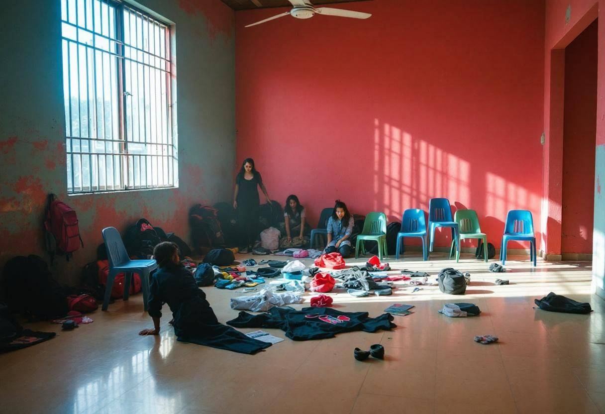 Drama props and costume pieces scattered across a shiny cream ceramic-tile floor in a Mexican community-school classroom