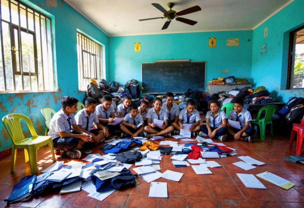 Drama scripts and costume pieces scattered across a terracotta tile floor in a Dominican Republic classroom with bright 