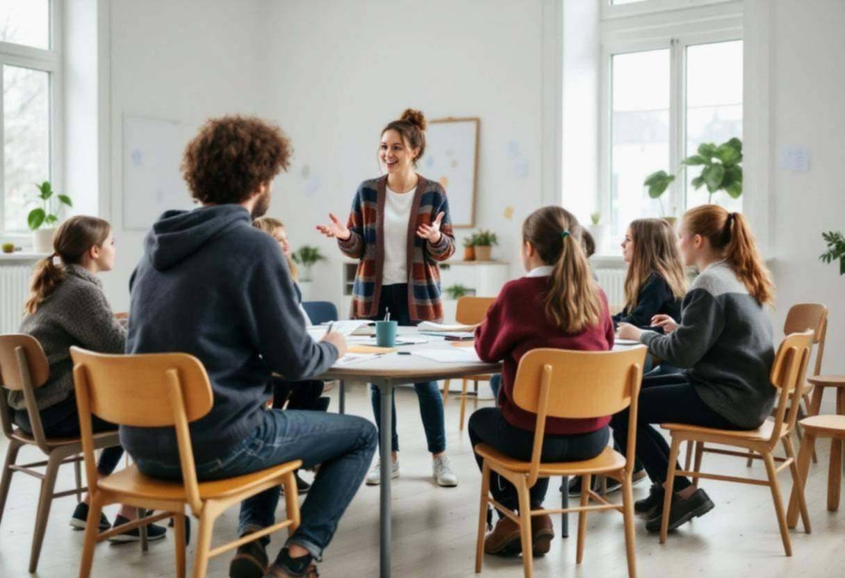 Middle-school-age preteens ages 10-13 in wool sweaters and dark trousers gathered around their teacher in a colorful cot