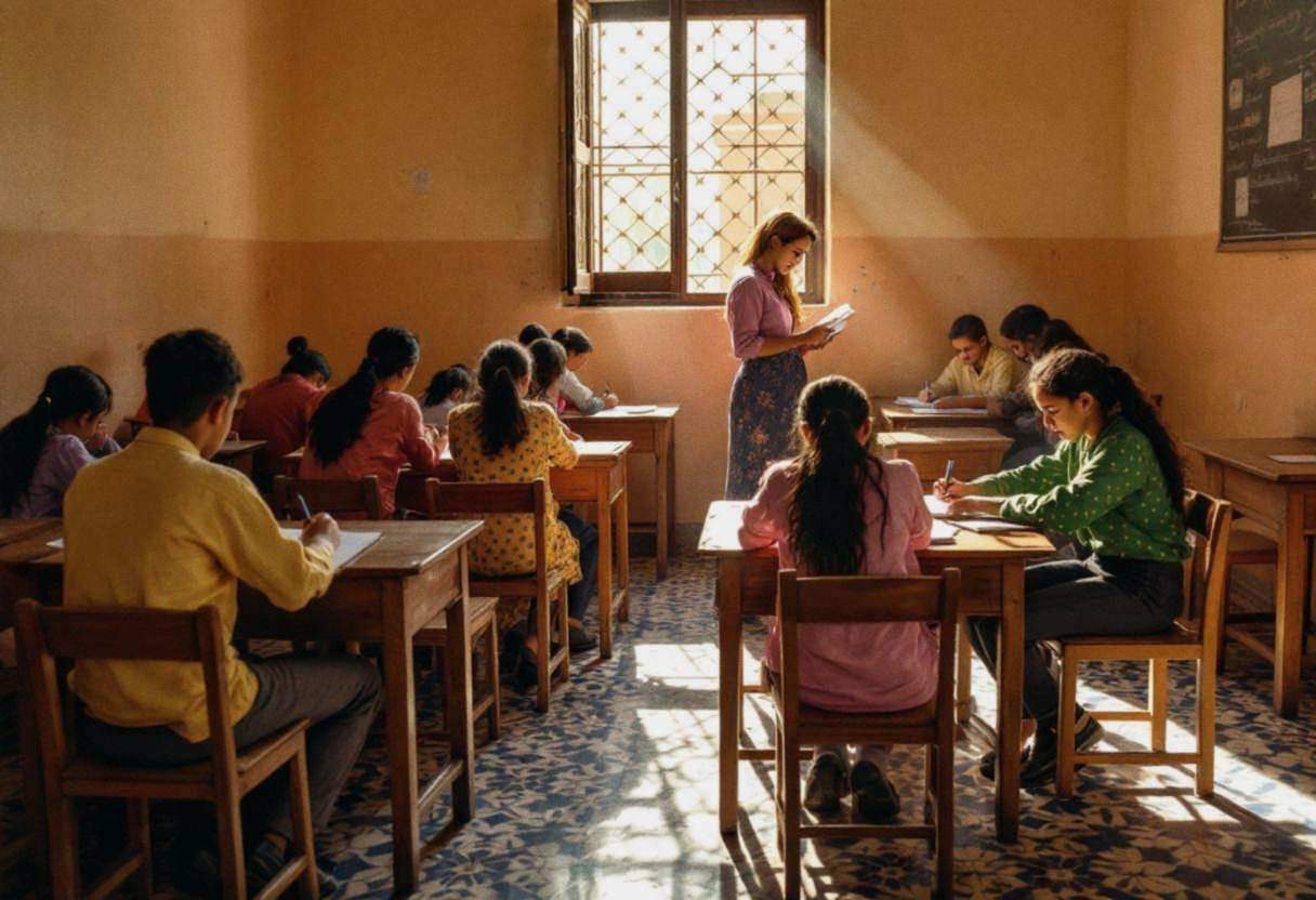 Middle-school-age preteens ages 10 to 13 in colorful cotton shirts and long pants writing in notebooks at wooden desks