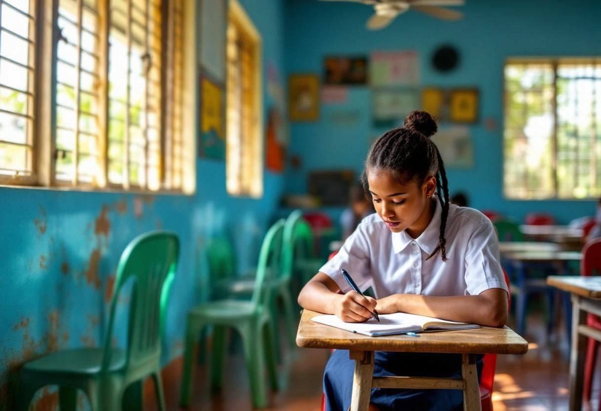 One preteen girl around age 11 in a white cotton school blouse and navy skirt