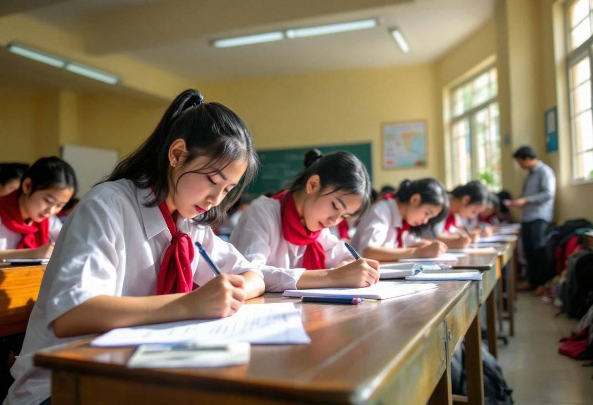 Preteens ages 10 to 13 in white button-down shirts and red scarves bent over notebooks writing personal equality stories