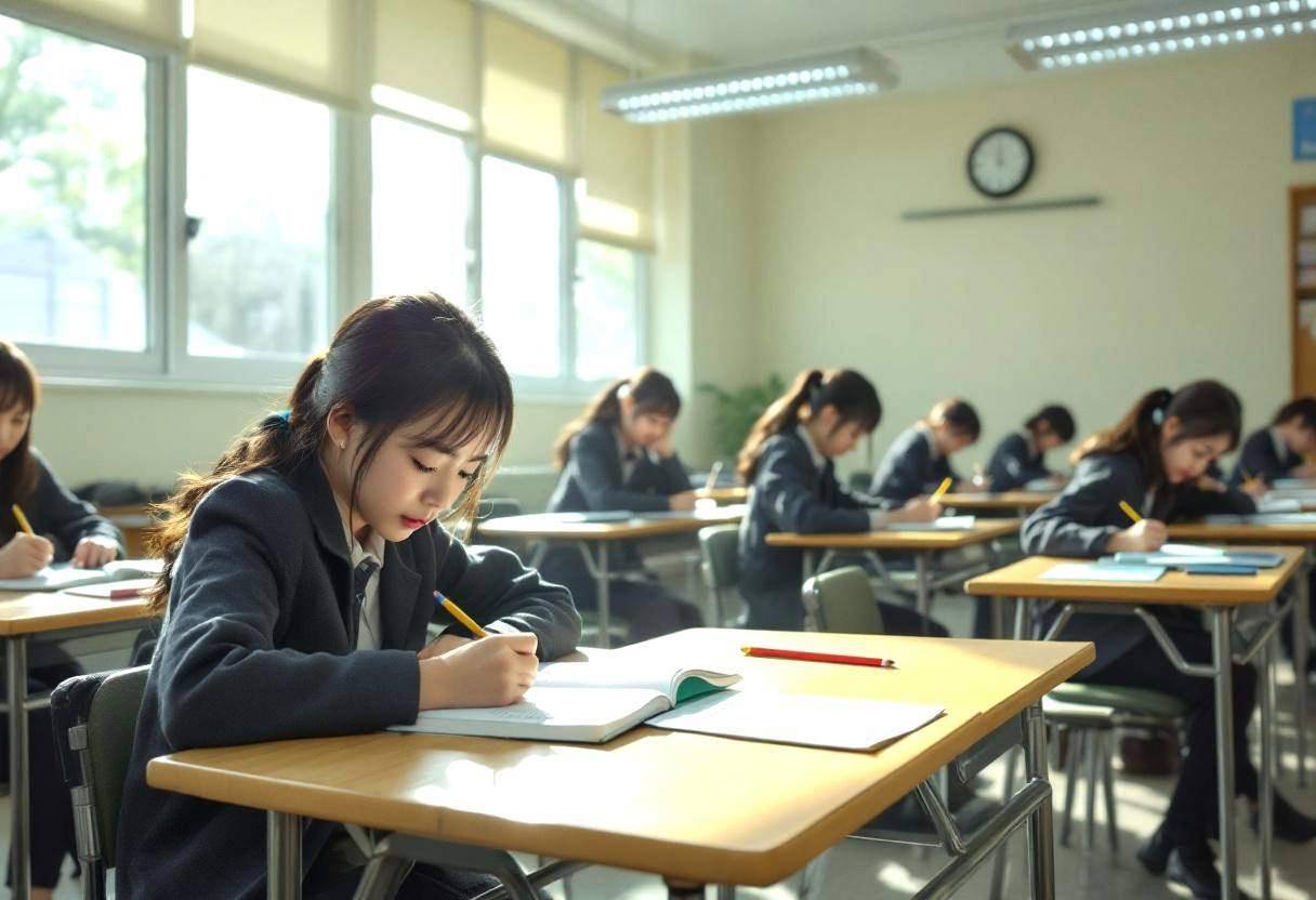 Writing journals and pencils scattered across light wood desks in a Japanese public-school classroom with pale cream wal