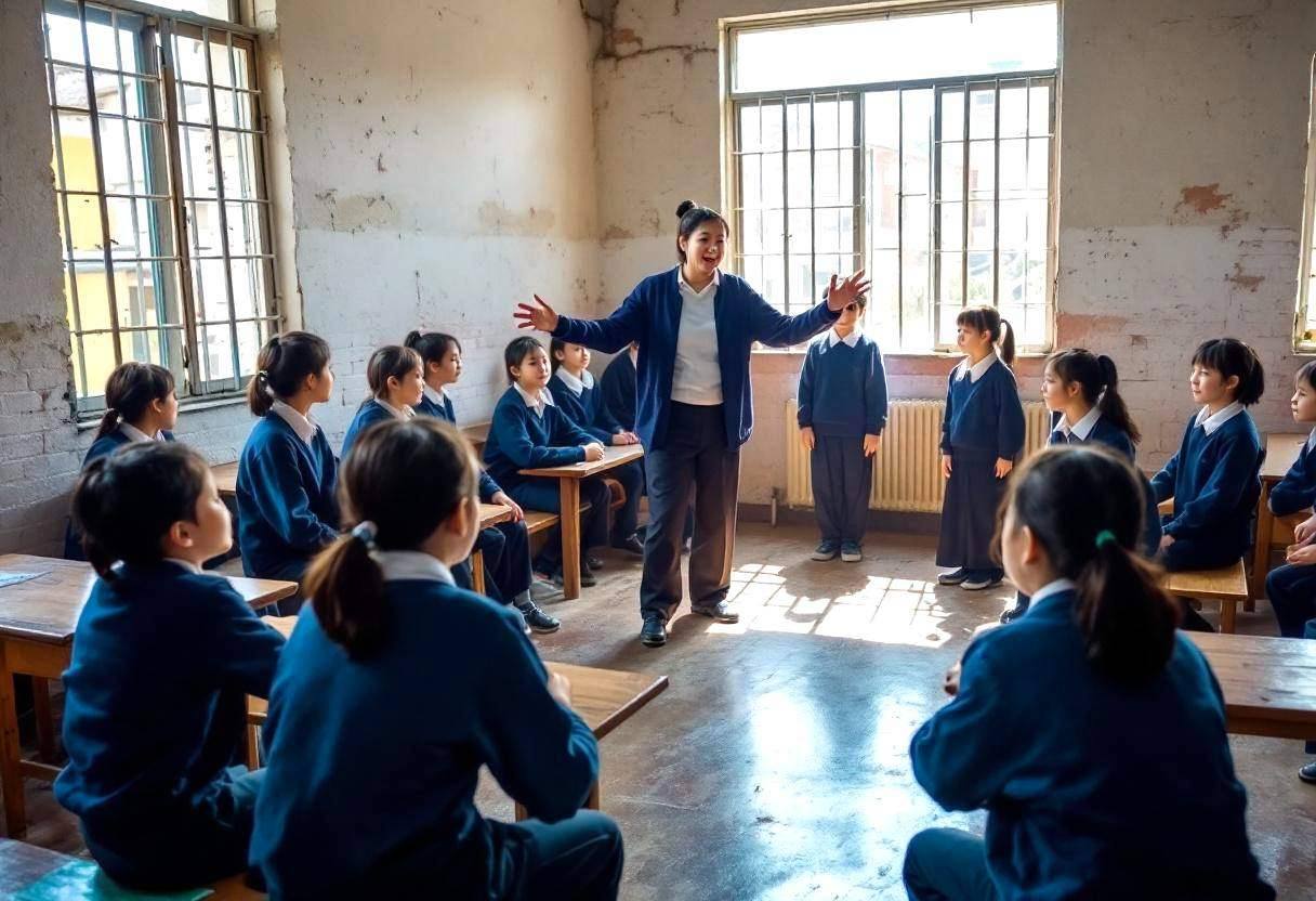 A middle-aged Chinese teacher in a navy blue cardigan and dark trousers leading ten-to-thirteen-year-olds in blue school
