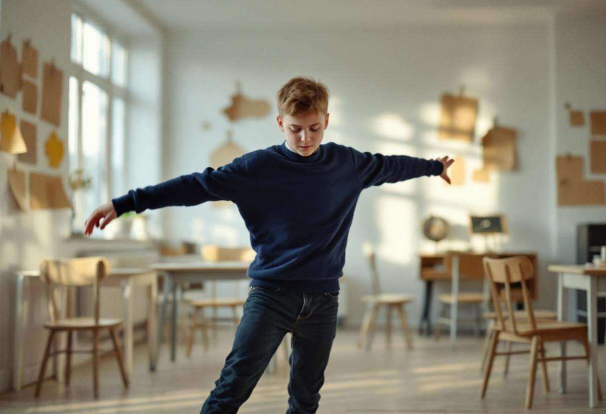One round-faced eleven-year-old in a navy wool sweater and dark jeans mid-dance movement with arms extended in a Scandin