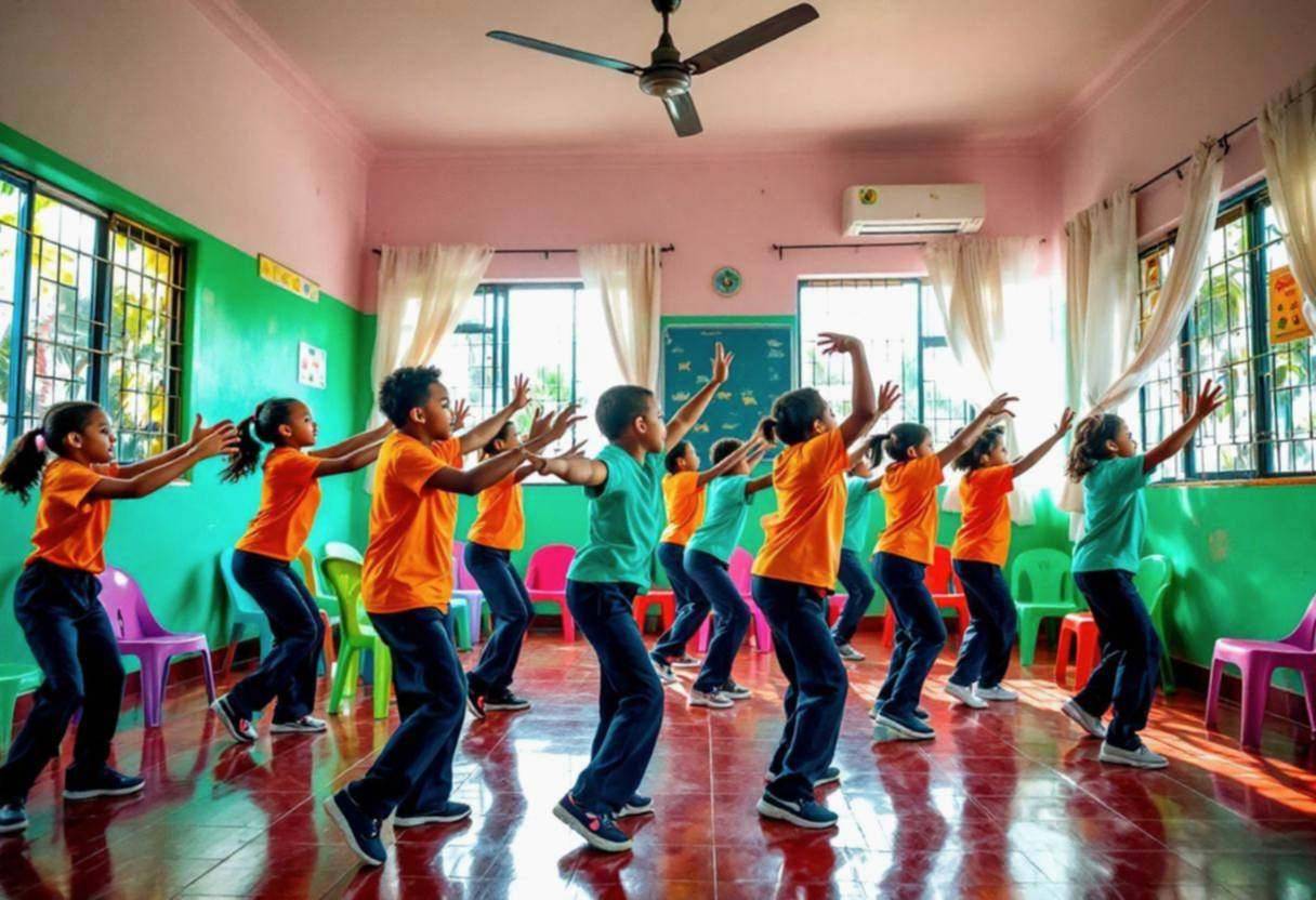 Small round-faced preteens ages 10 to 13 in bright cotton t-shirts and navy school trousers moving in expressive dance p
