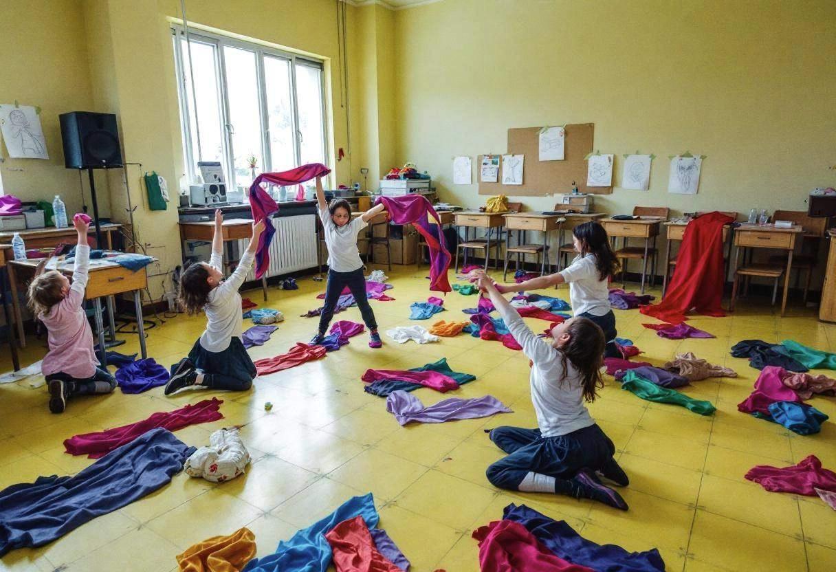 Dance movement props and colorful fabric scarves scattered across pale yellow classroom floor with linoleum tiles
