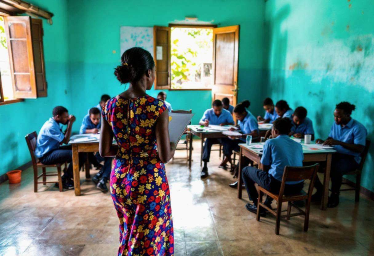 A Haitian teacher in a bright patterned cotton dress seen from behind guiding lanky teenagers ages 14 to 17 in blue unif