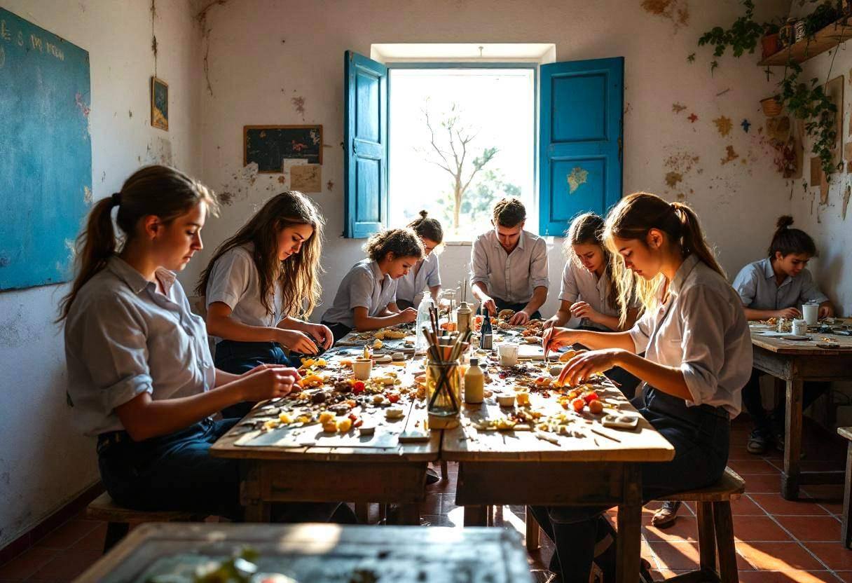 Lanky teenagers ages 14 to 17 in cotton button-down shirts and dark trousers creating collaborative art pieces from vari