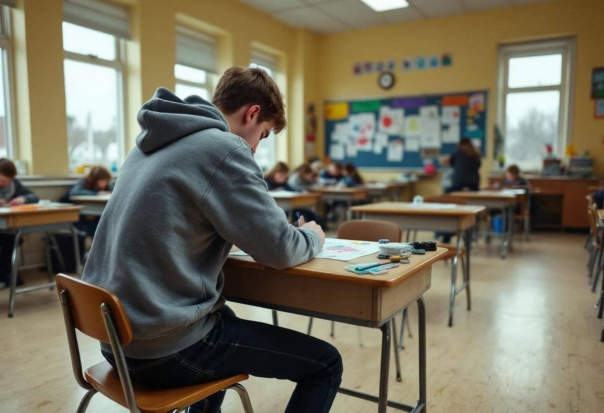Lanky sixteen-year-old in a gray hoodie and dark jeans working intently on an art piece at a wooden desk