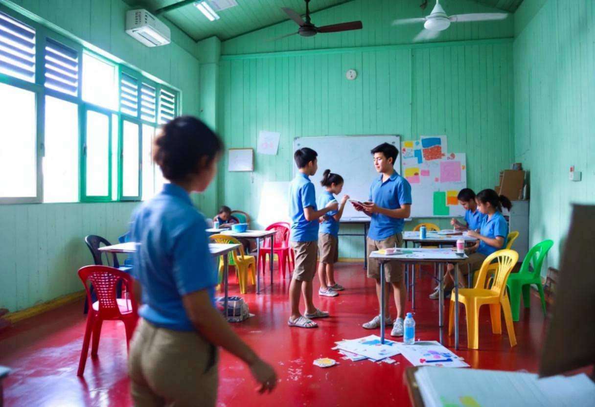 Lanky teenagers ages 14 to 17 in blue polo shirts and khaki trousers creating collaborative art pieces about community e