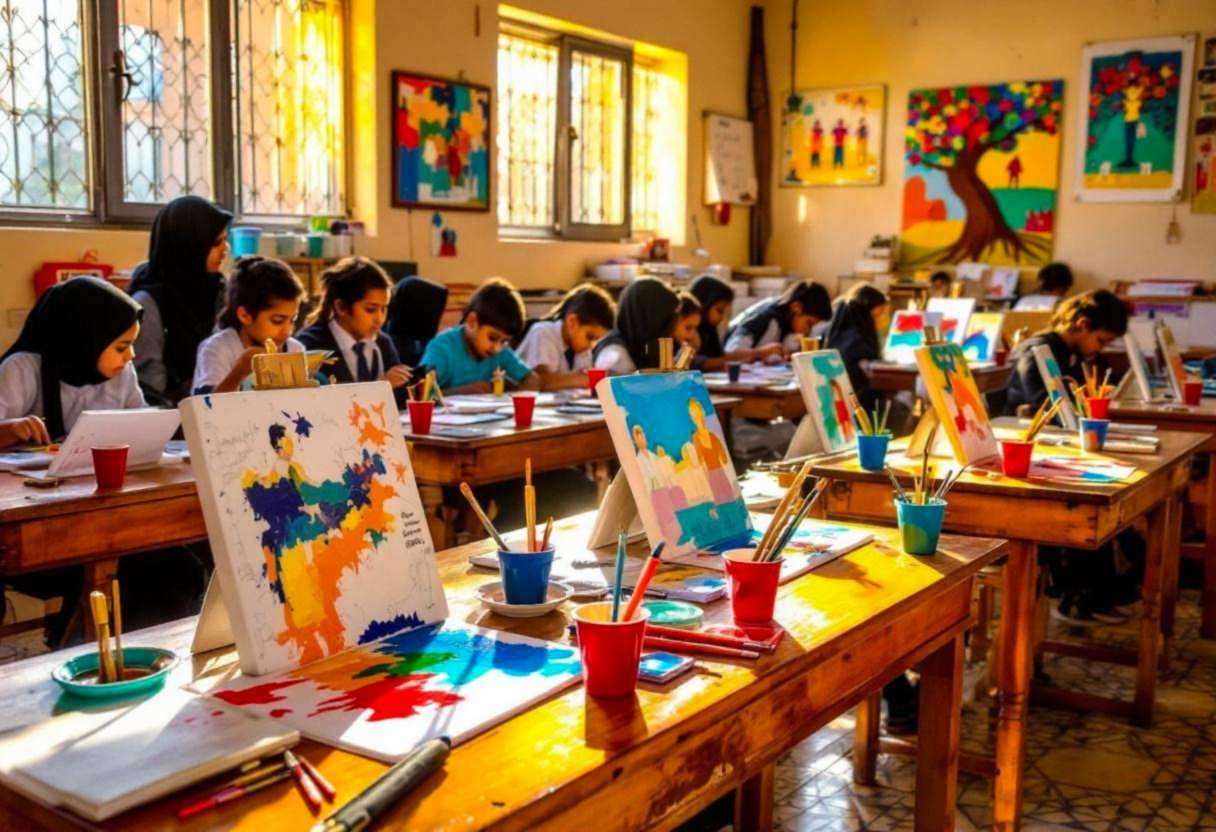 Art supplies and canvases scattered across wooden desks in a Moroccan village classroom