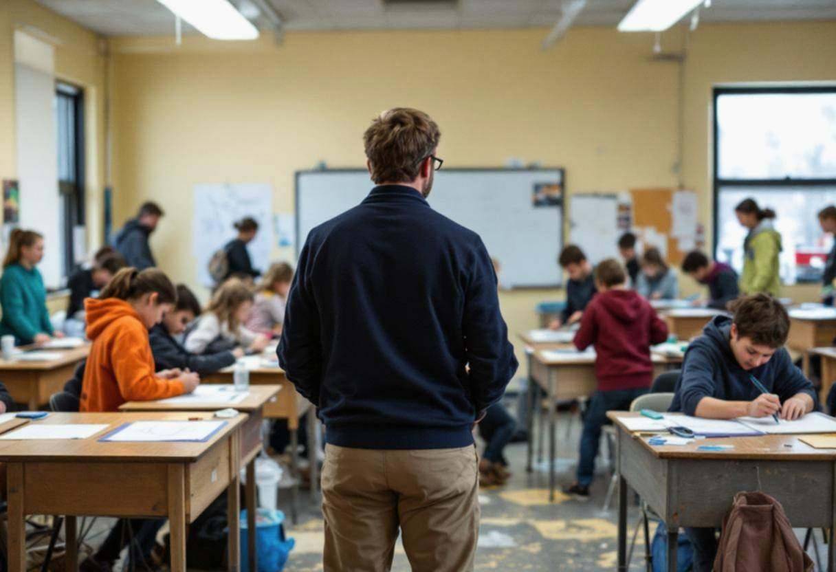 One teacher in a navy cardigan and khakis seen from behind gesturing to middle-school preteens ages 10-13 in colorful ho