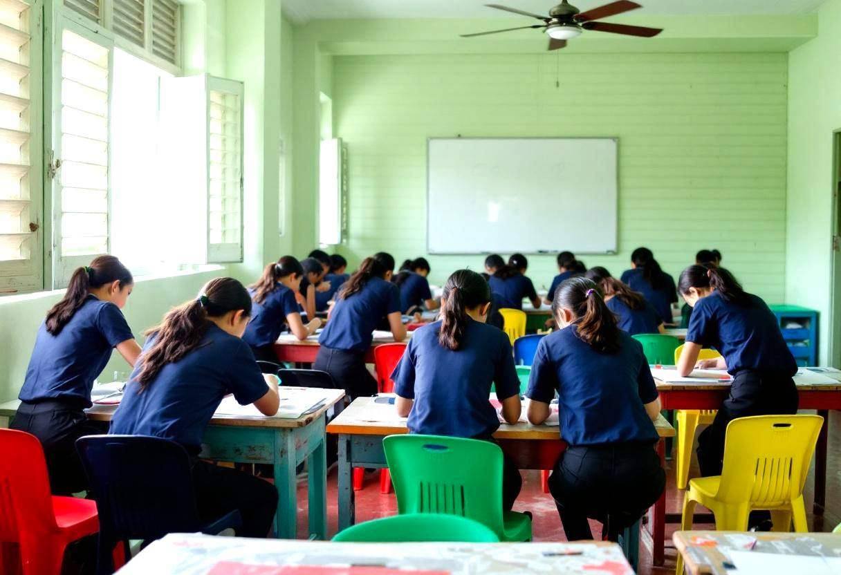 Filipino preteens ages 10 to 13 in navy blue school uniform shirts and dark trousers working on printmaking projects