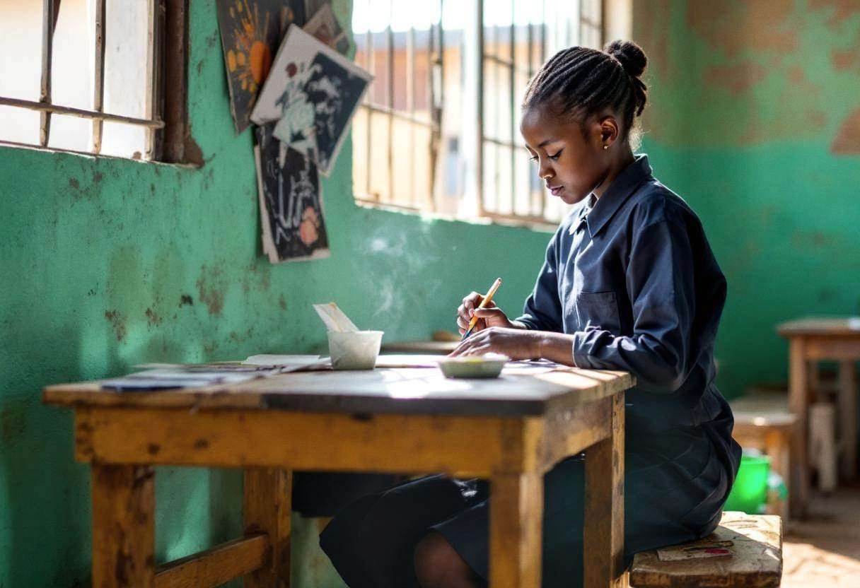 One preteen girl around age 11 in a navy blue school uniform shirt and skirt working on a printmaking project at a woode