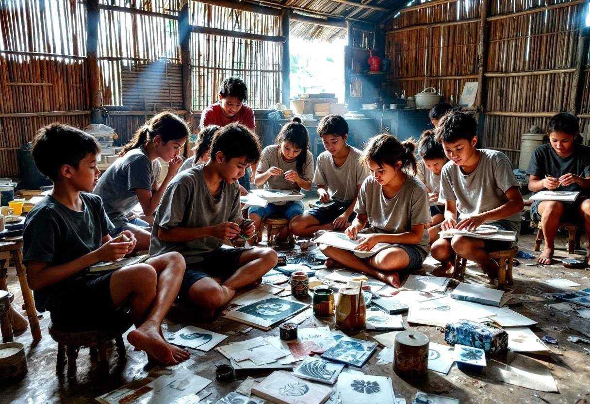 Preteens ages 10 to 13 in simple cotton t-shirts and shorts gathered around low wooden stools