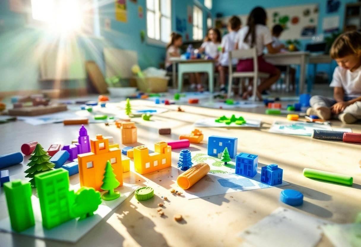 Art supplies for sustainable city design printing scattered on cream marble-tile floor