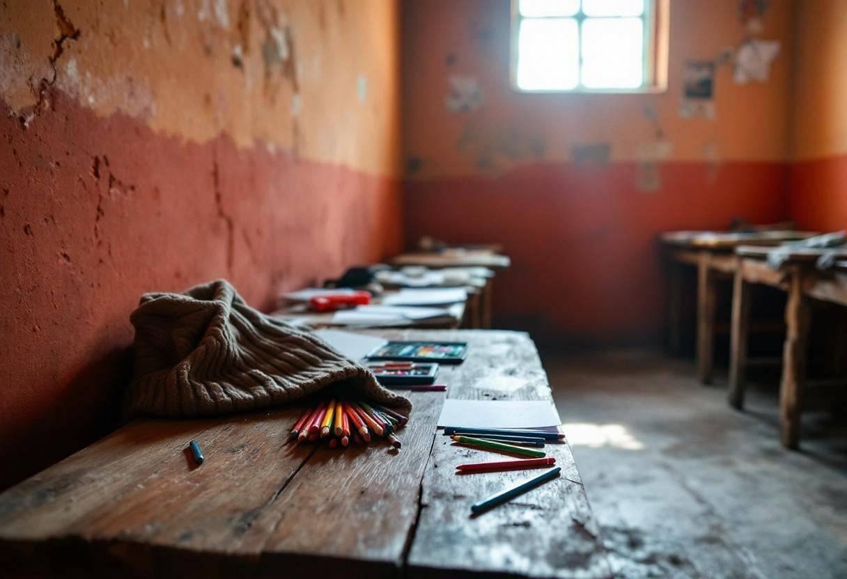 Art supplies for sustainable city planning scattered on a wooden bench in a Peruvian highland classroom