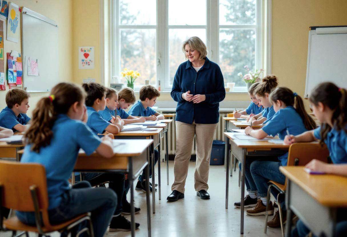 A middle-aged teacher in a navy cardigan and khaki trousers leads ten to thirteen-year-old students in blue polo shirts 