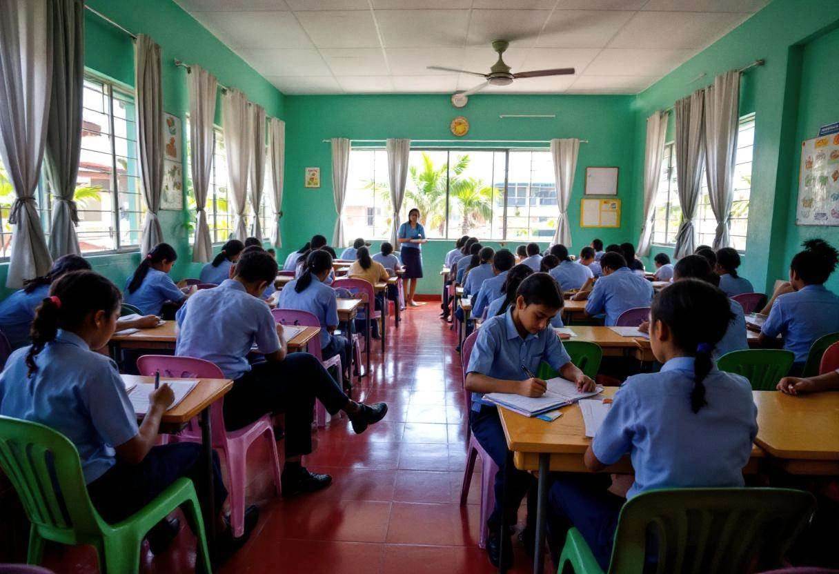 Ten to thirteen-year-old preteens in blue button-down uniform shirts and navy trousers sitting in mixed green and pink p