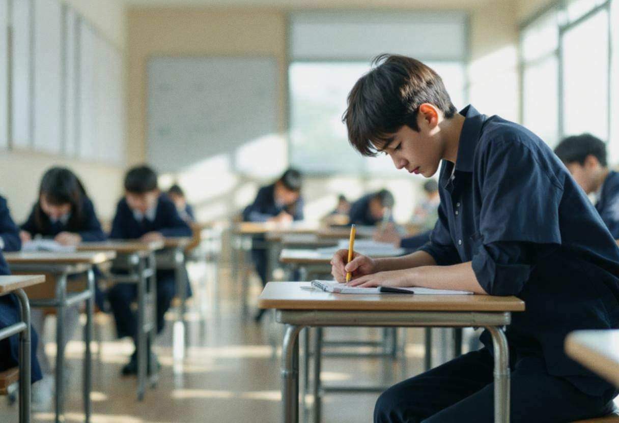 One preteen boy age 11 in navy button-down uniform shirt and dark trousers