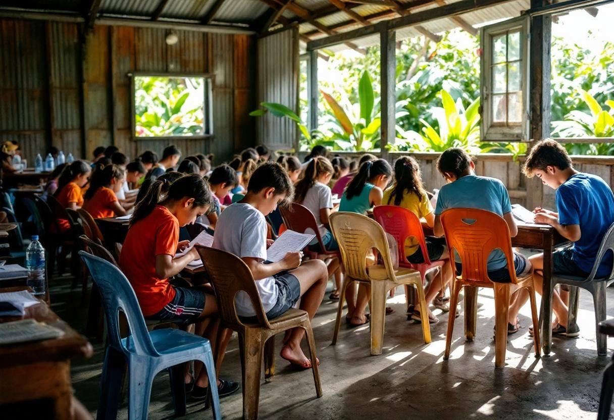 Ten to thirteen-year-olds in colorful cotton t-shirts and shorts sitting in mixed plastic chairs