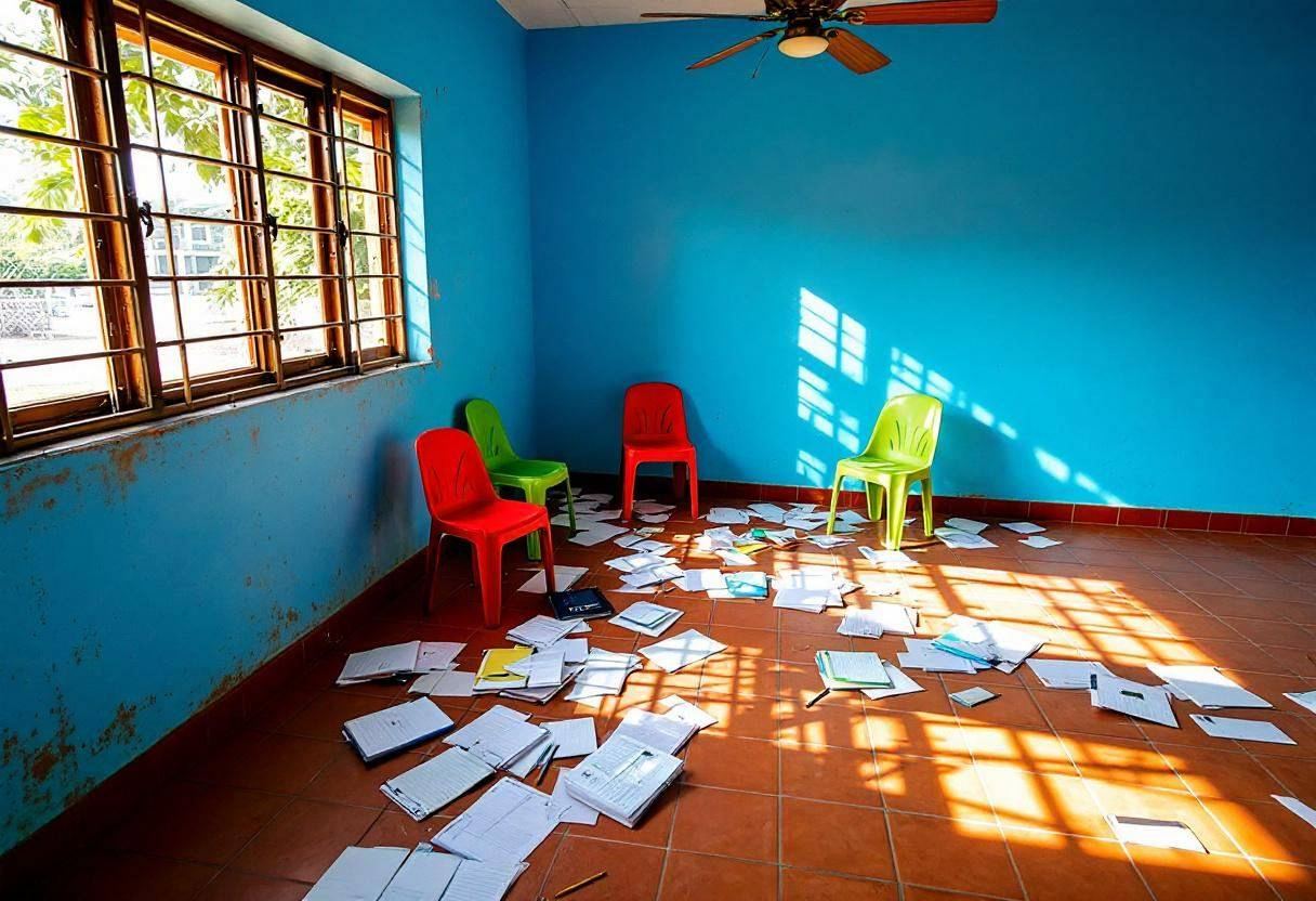 Corner of a Dominican Republic classroom showing scattered notebooks