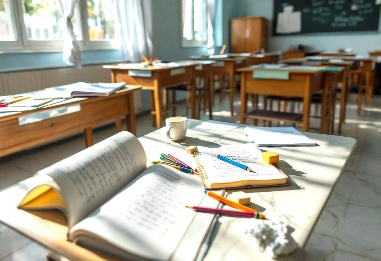 Creative writing notebooks with handwritten free verse poems scattered across wooden desks